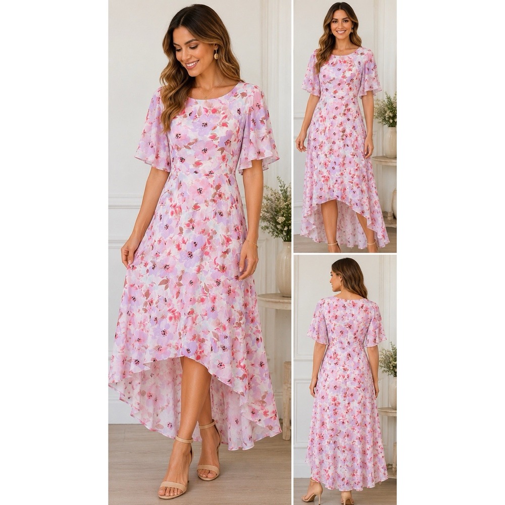 Anne Klein Watercolor High Low Floral Dress Flutter Sleeves Fit & Flare Size 8-M